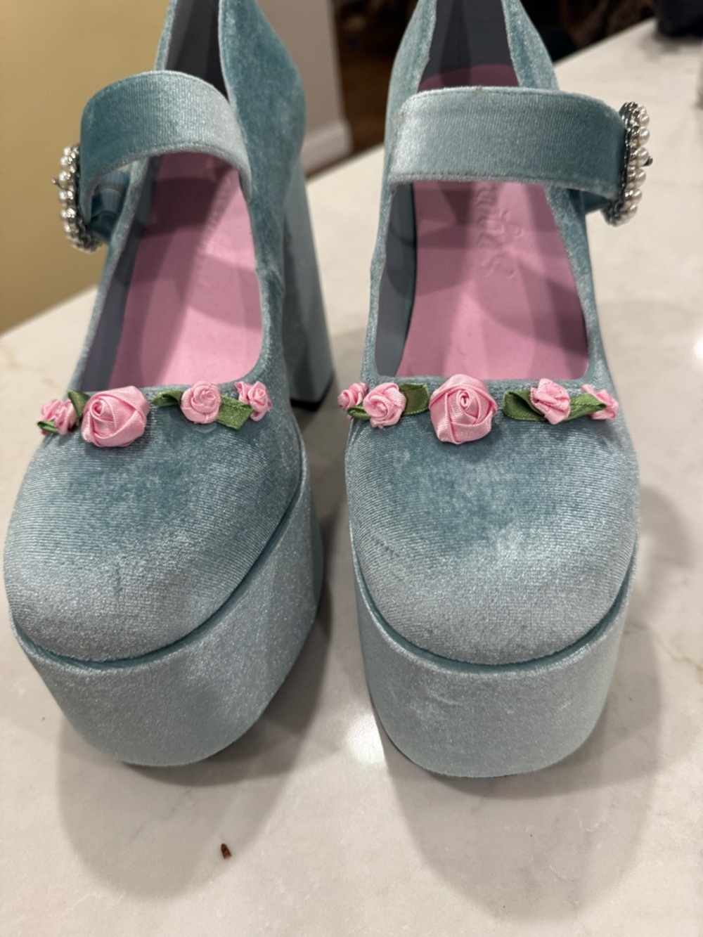 Platform heels, faux velvet, size 10, light blue - Picture 6 of 16